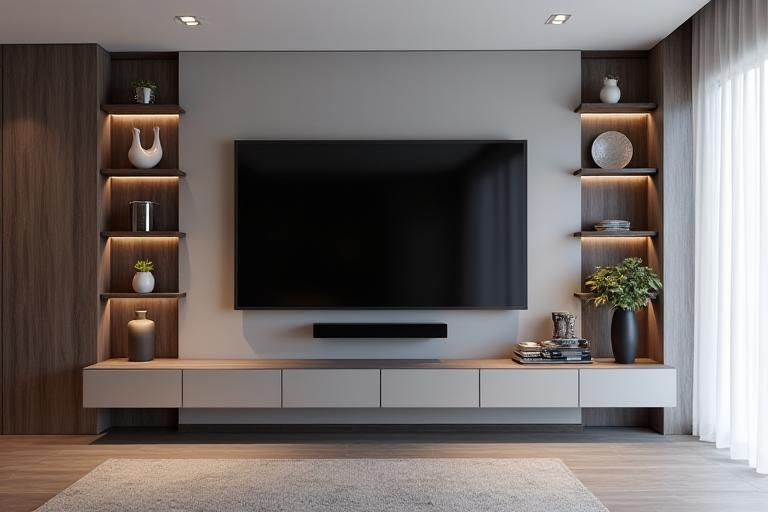Pared multimedia flotante con sistema de cables ocultos